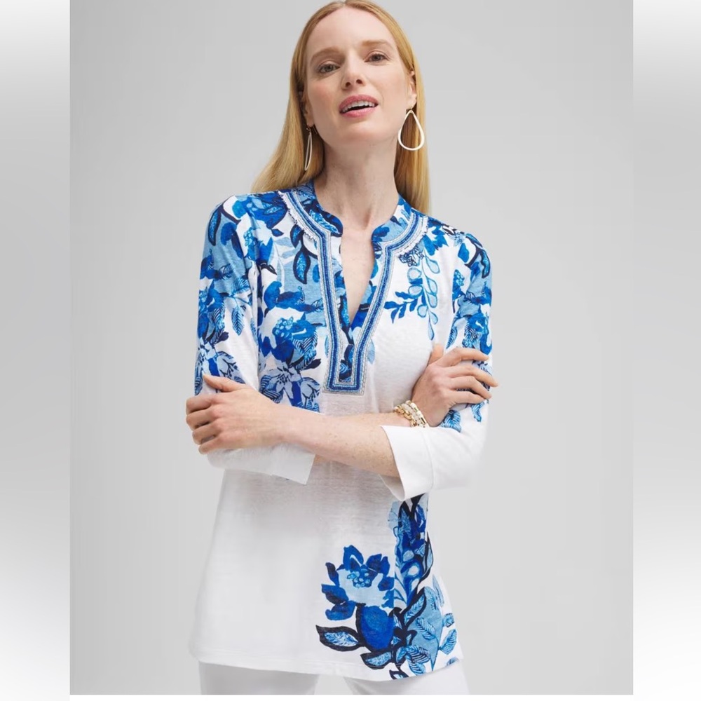 Chico’s Linen Floral Embellished Tunic Top 3/4 Sleeve Intense Azure‎ Sz 2 Large